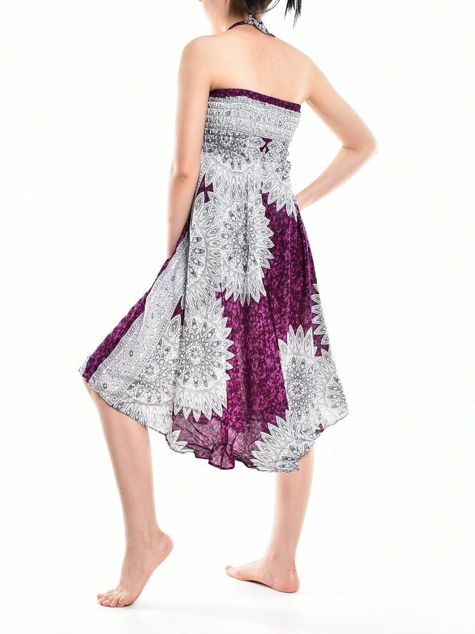 Bohotusk Purple Snowflake Long Skirt featuring a coconut buckle and smocked waist, styled elegantly for versatile wear.